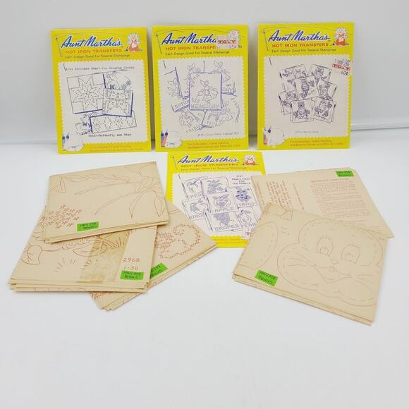 VTG Aunt Martha's Cross Stitch Iron Transfer Patterns Lot of 4 w/ Extra Transfrs - Picture 1 of 5
